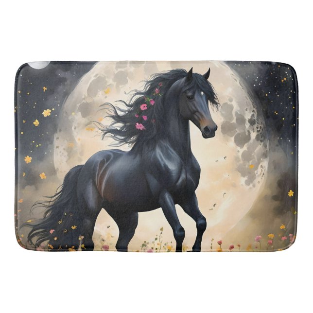 Black Horse Måne Flower Fält Badrumsmatta (Framsidan)
