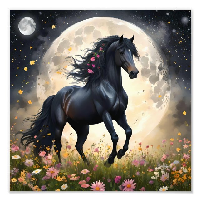 Black Horse Måne Flower Fält Fototryck (Framsidan)