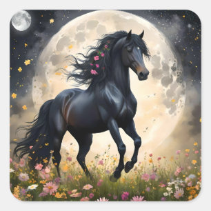 Black Horse Måne Flower Fält Fyrkantigt Klistermärke