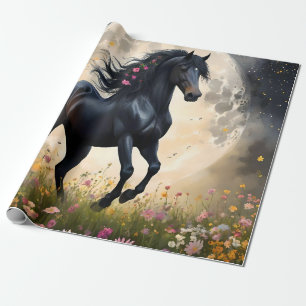 Black Horse Måne Flower Fält Presentpapper