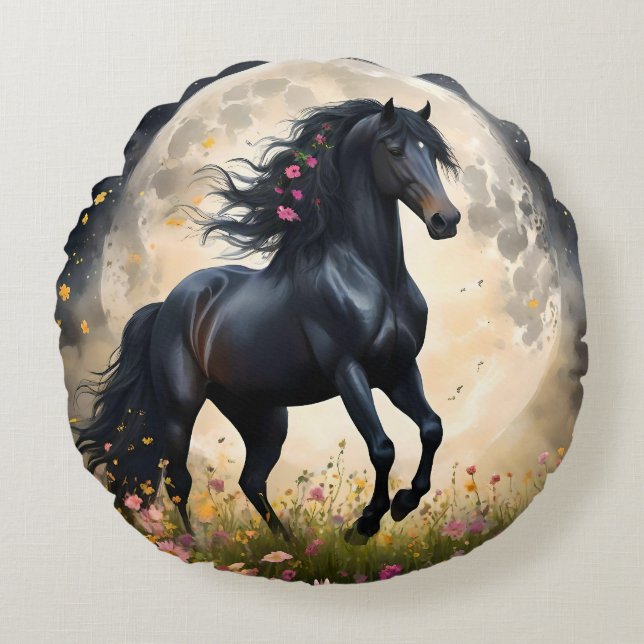 Black Horse Måne Flower Fält Rund Kudde (Framsidan)