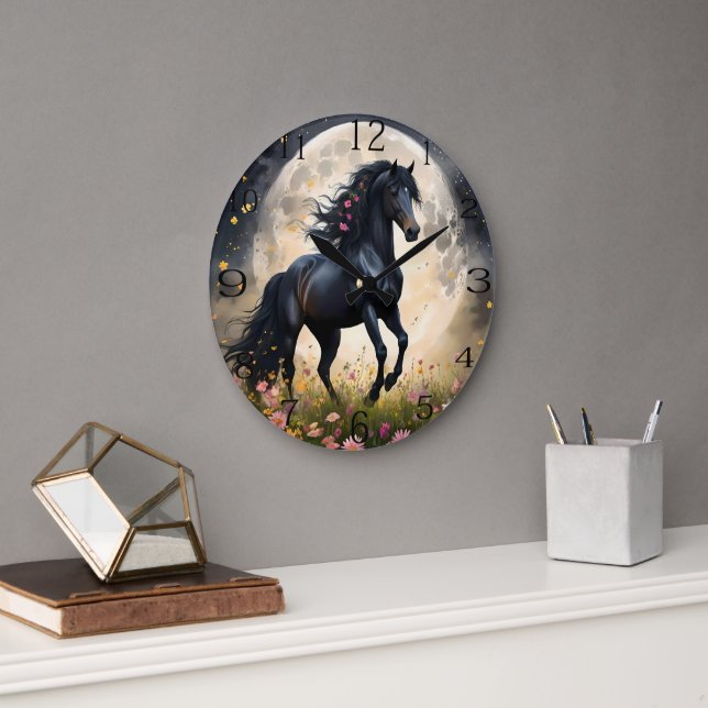 Black Horse Måne Flower Fält Stor Klocka (Kontor)