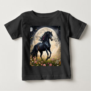 Black Horse Måne Flower Fält T Shirt