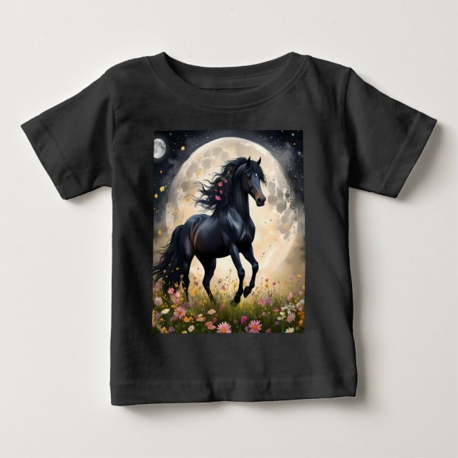 Black Horse Måne Flower Fält T Shirt (Framsida)