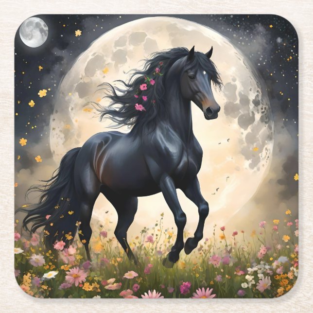 Black Horse Måne Flower Fält Underlägg Papper Kvadrat (Framsidan)