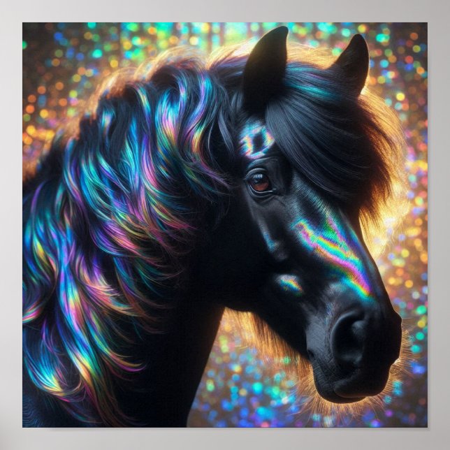 Black Horse med Iridescent Mane Poster (Framsidan)