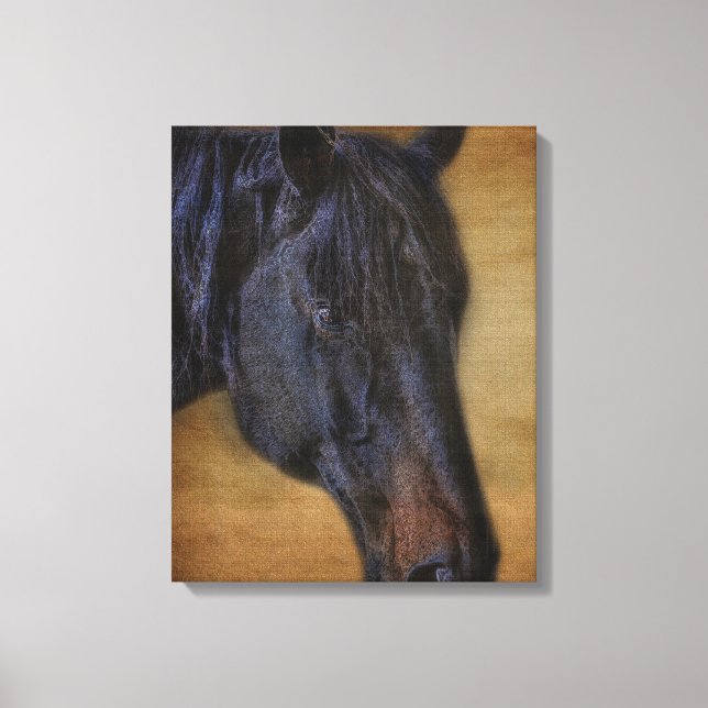 Black Horse Porträtt på Rustic Parchment, effekt Canvastryck (Framsida)