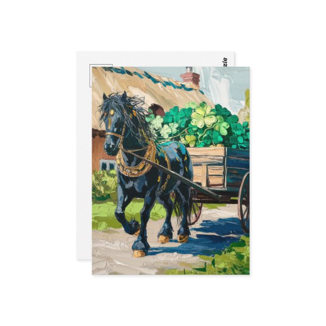 Black Horse Pulling a Load of Shamrocks Vykort (Fram/Back In Situ)