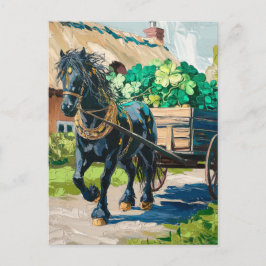 Black Horse Pulling a Load of Shamrocks Vykort