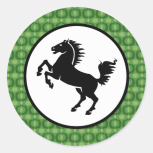 Black Horse Silhouette på Grönt Mönster Runt Klistermärke