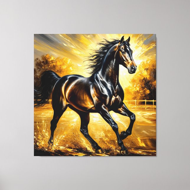 Black Horse som går genom Vatten i Golden Sunset Canvastryck (Framsida)