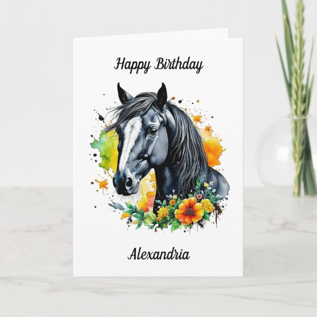 Black Horse Surroded by Gula blommor Birthday Kort (Framsida)