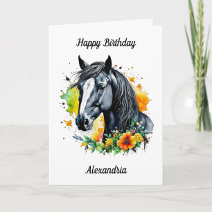 Black Horse Surroded by Gula blommor Birthday Kort