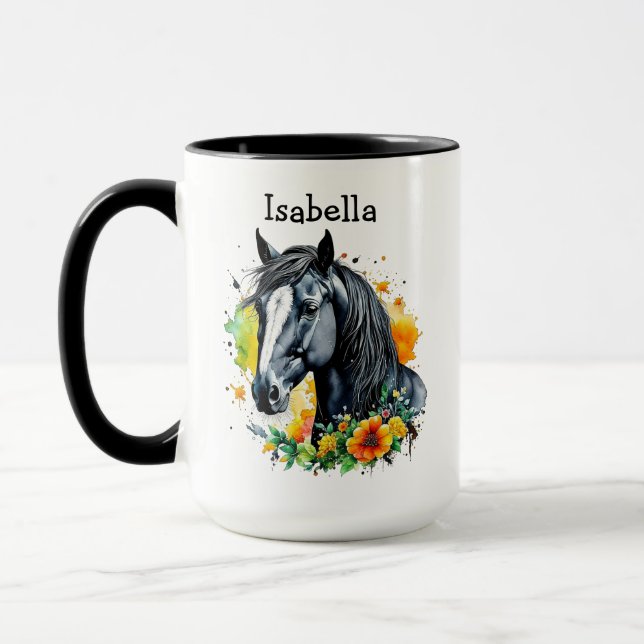 Black Horse Surrozed by Flowers Personlig Mugg (Vänster)