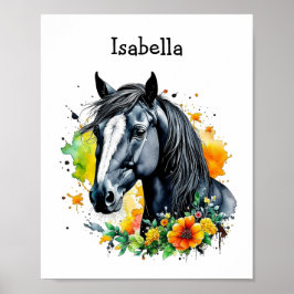 Black Horse Surrozed by Flowers Personlig Poster