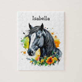 Black Horse Surrozed by Flowers Personlig Pussel