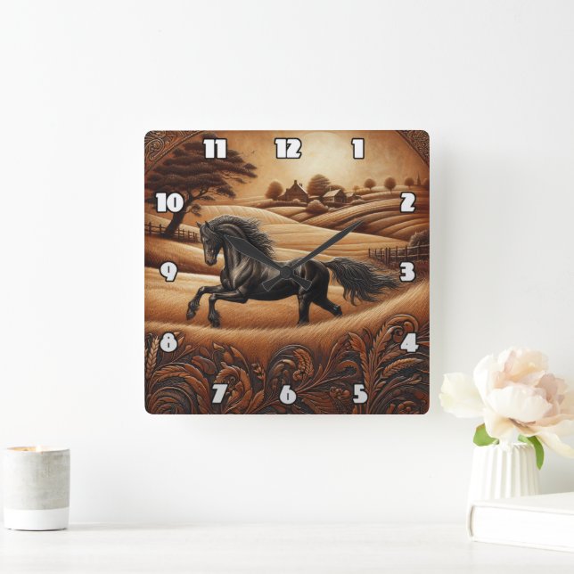 Black Horse vid Sunset i Countryside Fyrkantig Klocka (Hem)