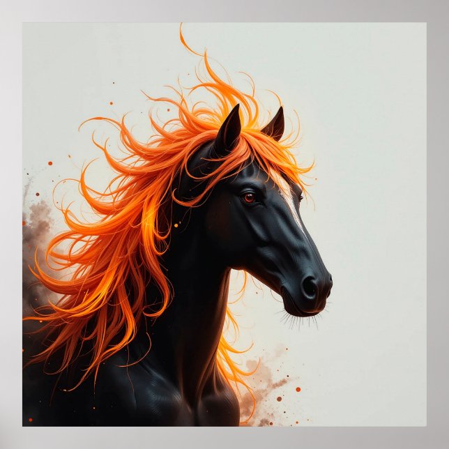 Black Horse with Flowing Fiery Orange Mane Poster (Framsidan)