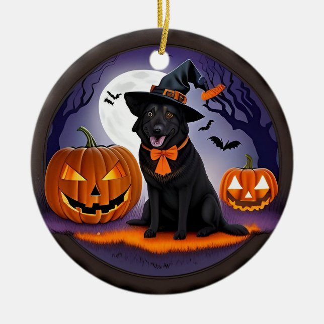 Black Hund in Witch Costume with Pumpkins Julgransprydnad Keramik (Framsidan)