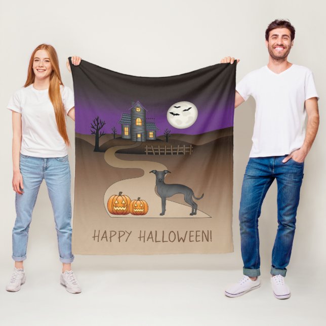 Black Iggy Cute Hund och Halloween Haunween House Fleecefilt (På plats)