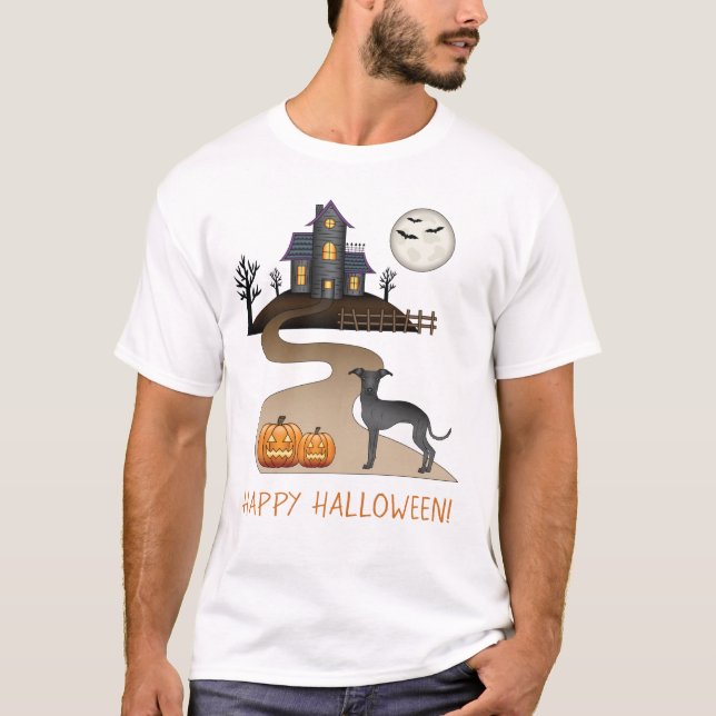 Black Iggy Cute Hund och Halloween Haunween House T Shirt (Framsida)