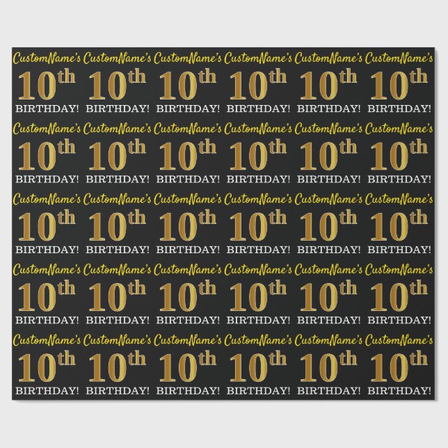 Black, Imitation Guld "10:e BIRTHDAY" Presentpapper (Platt)