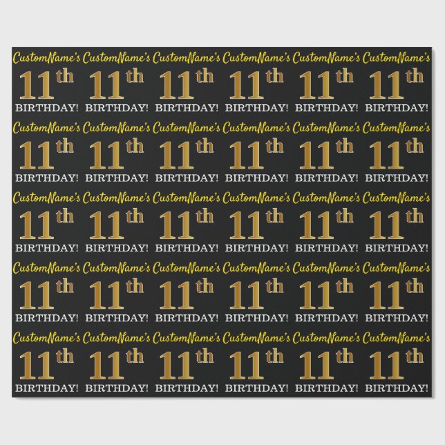 Black, Imitation Guld "11:e BIRTHDAY" Presentpapper (Platt)