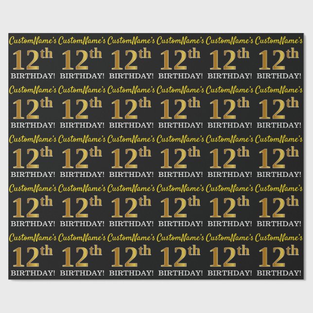 Black, Imitation Guld "12:e BIRTHDAY" Presentpapper (Platt)