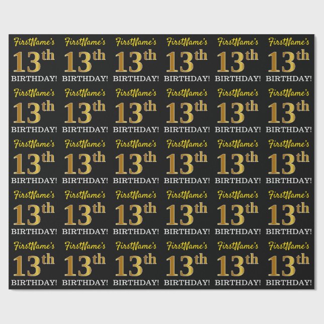 Black, Imitation Guld "13:e BIRTHDAY" Presentpapper (Platt)