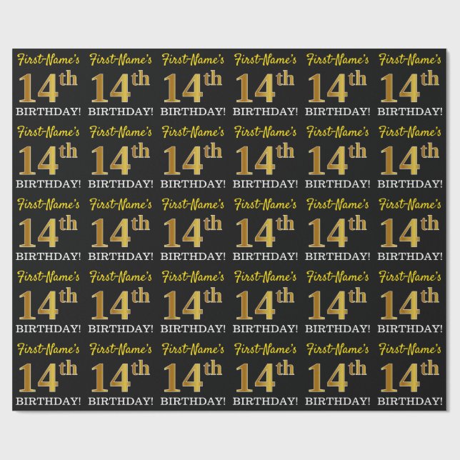 Black, Imitation Guld "14:e BIRTHDAY" Presentpapper (Platt)