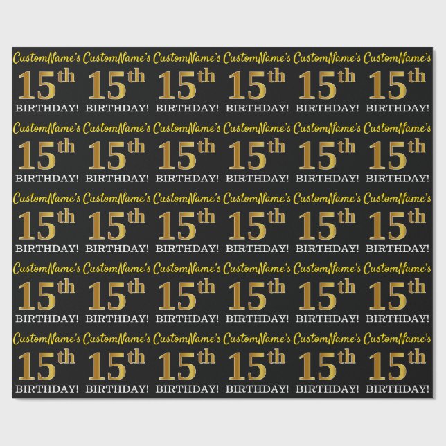 Black, Imitation Guld "15:e BIRTHDAY" Presentpapper (Platt)