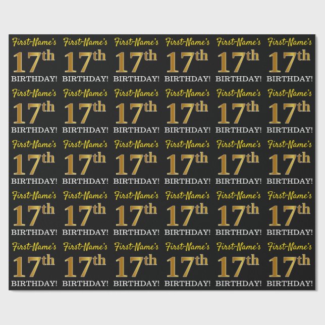 Black, Imitation Guld "17:e BIRTHDAY" Presentpapper (Platt)