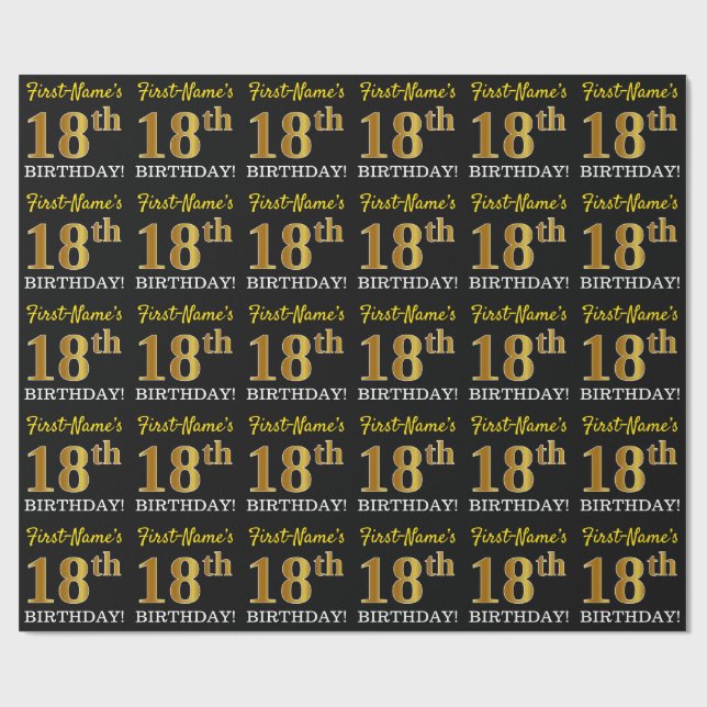 Black, Imitation Guld "18:e BIRTHDAY" Presentpapper (Platt)