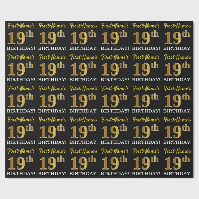 Black, Imitation Guld "19:e BIRTHDAY" Presentpapper (Platt)