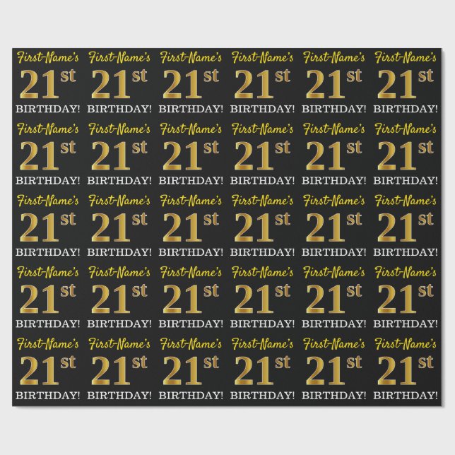 Black, Imitation Guld "21:a BIRTHDAY" Presentpapper (Platt)