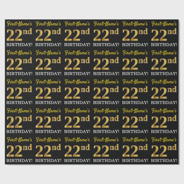 Black, Imitation Guld "22:a BIRTHDAY" Presentpapper (Platt)