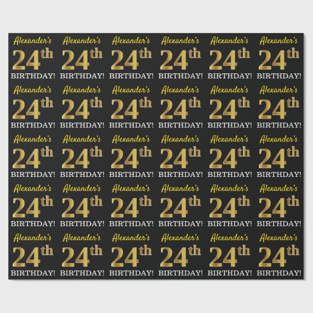 Black, Imitation Guld "24:e BIRTHDAY" Presentpapper (Platt)