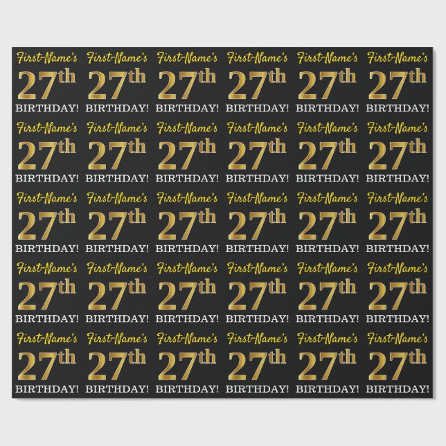 Black, Imitation Guld "27:e BIRTHDAY" Presentpapper (Platt)