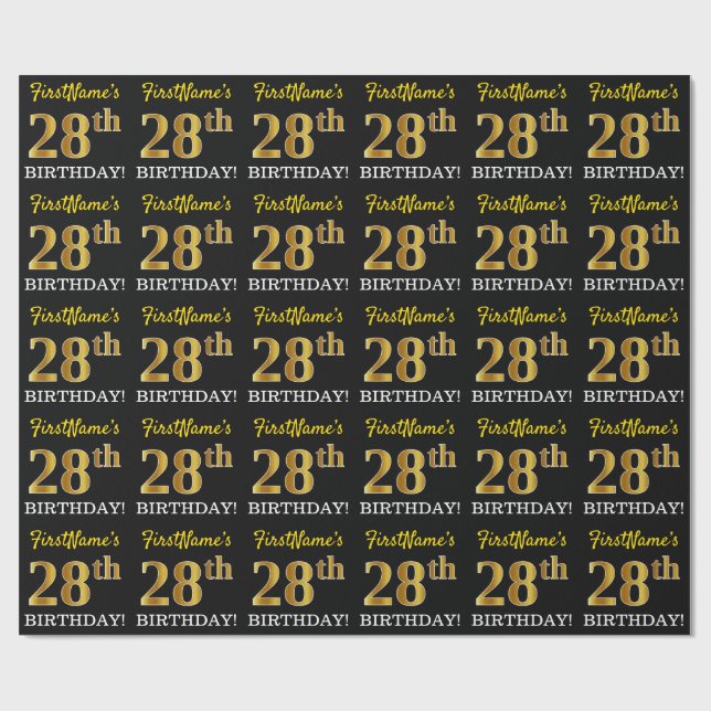 Black, Imitation Guld "28:e BIRTHDAY" Presentpapper (Platt)