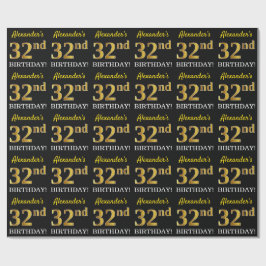 Black, Imitation Guld "32:a BIRTHDAY" Presentpapper