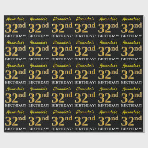 Black, Imitation Guld "32:a BIRTHDAY" Presentpapper