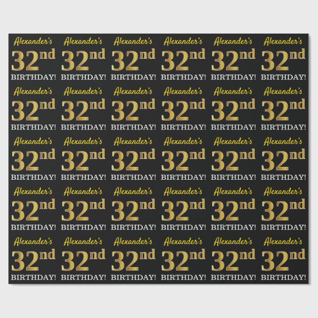 Black, Imitation Guld "32:a BIRTHDAY" Presentpapper (Platt)
