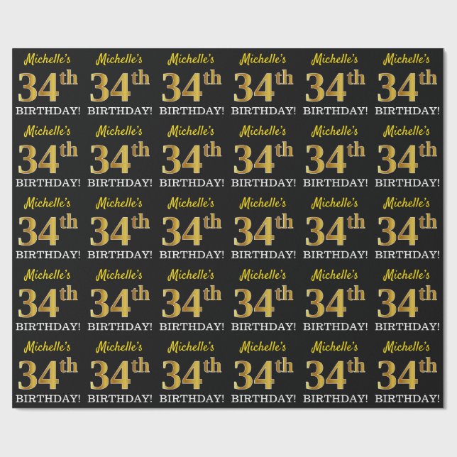 Black, Imitation Guld "34:e BIRTHDAY" Presentpapper (Platt)