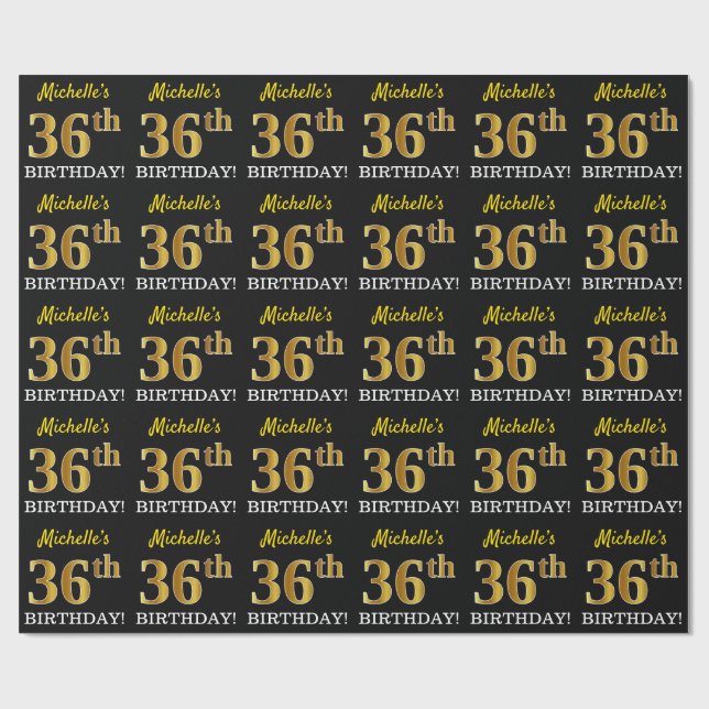 Black, Imitation Guld "36:e BIRTHDAY" Presentpapper (Platt)