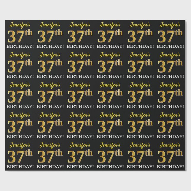 Black, Imitation Guld "37:e BIRTHDAY" Presentpapper (Platt)