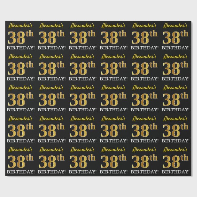 Black, Imitation Guld "38:e BIRTHDAY" Presentpapper (Platt)