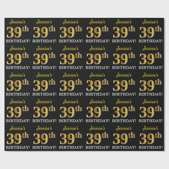 Black, Imitation Guld "39:e BIRTHDAY" Presentpapper (Platt)