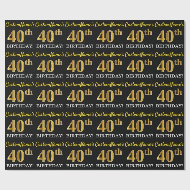 Black, Imitation Guld "40:e BIRTHDAY" Presentpapper (Platt)