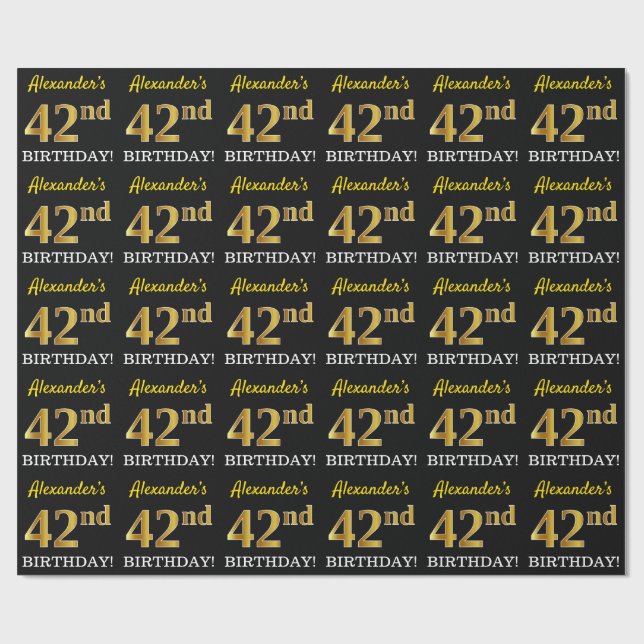 Black, Imitation Guld "42:a BIRTHDAY" Presentpapper (Platt)