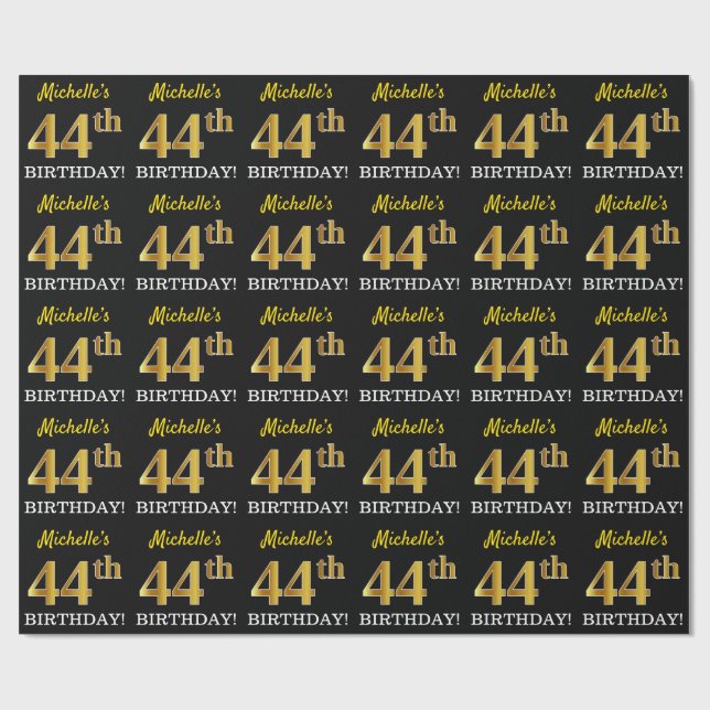 Black, Imitation Guld "44:e BIRTHDAY" Presentpapper (Platt)